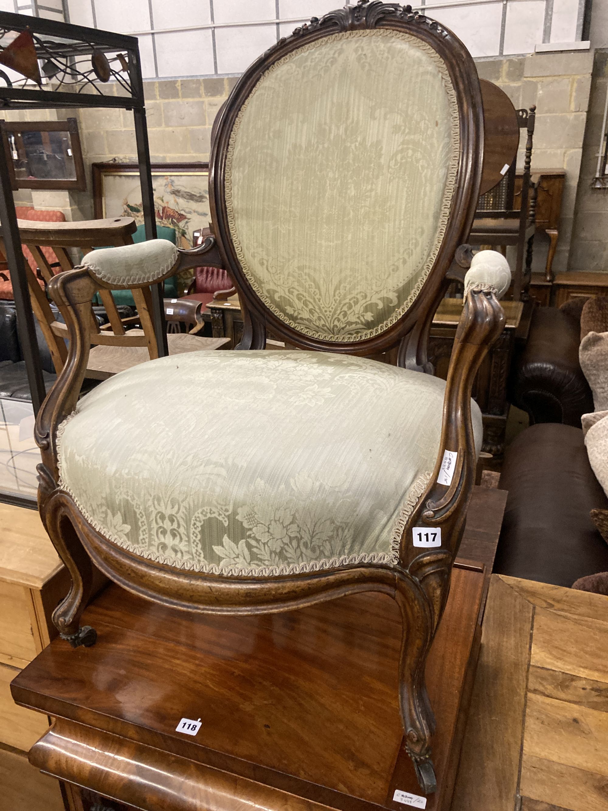 A Victorian upholstered walnut salon chair, width 63cm, depth 50cm, height 100cm